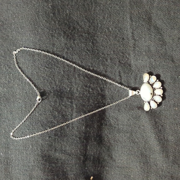Silver Plated White Moonstone Gemstone Half Flower Pendant Statement Necklace - Picture 2 of 4